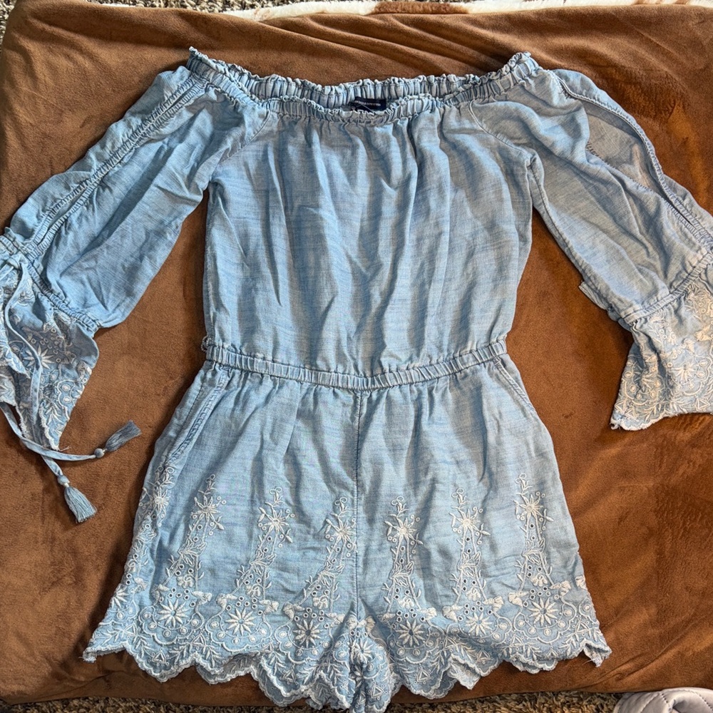 American Eagle Outfitters Blue Off-Shoulder Romper